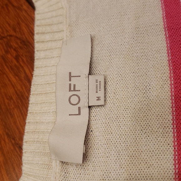 LOFT Cream with Pink stripe sweater.  Cropped style, V neck. Women's Medium - Picture 3 of 9